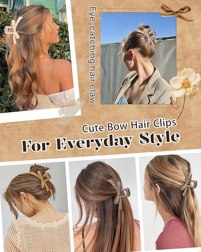 Mesovor 4 Pack Cute Bow Claw Clips, Nonslip 4.92" Large Matte Strong Hold Bows Hair Clips for Thin and Thick Hair | Chic Hairclips for Holidays or Everyday Hairstyle (Beige Matte)