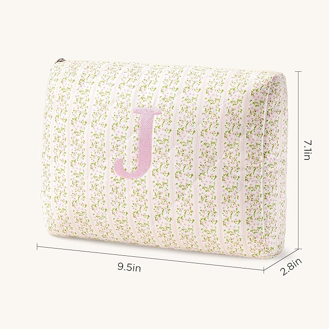 HBselect Initial Quilted Makeup Bag, Pink Cosmetic Travel Toiletry Bag, Flowers Coquette Zipper Make Up Pouch Organizer Teen Girl Gift Trendy Stuff J
