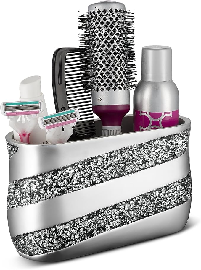 Silver Mosaic Bathroom Counter Vanity Organizer, Countertop Cosmetic Makeup Holder Hair Brush Caddy Hair Accessories Storage, 3-Compartments Decorative Bath Organization (Silver Gray)