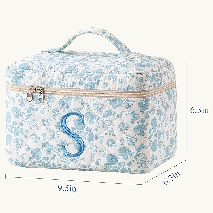 HBselect Initial Quilted Makeup Bag, Cotton Large Travel Makeup Bag, Cute Floral Coquette Make up Bag Cosmetic Bag Toiletry Bag for Women Girls S