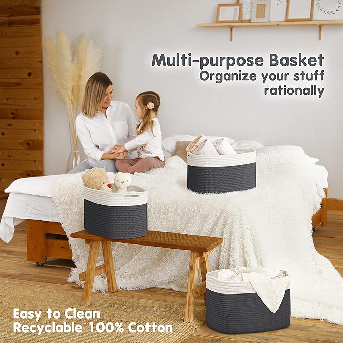 CHAT BLANC Cotton Rope Baskets for Organizing | Storage Baskets for Shelves | Rope Basket for Storage, Small Laundry Baskets, Woven Baskets for Storage, Dog Toy Bin, Baby Basket, White&Graphite 3 Pack