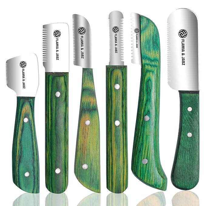 FLAMIA & JABZ FJ Professional Stripping Knife kit (6 pieces set) for Dogs & Pets, Wooden Handle Grip with Stainless Steel Blade (Right handed) (Green)