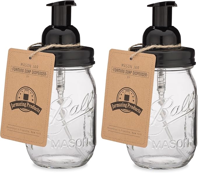Jarmazing Products Mason Jar Foaming Soap Dispenser - Black - with 16 Ounce Ball Mason Jar - Two Pack!