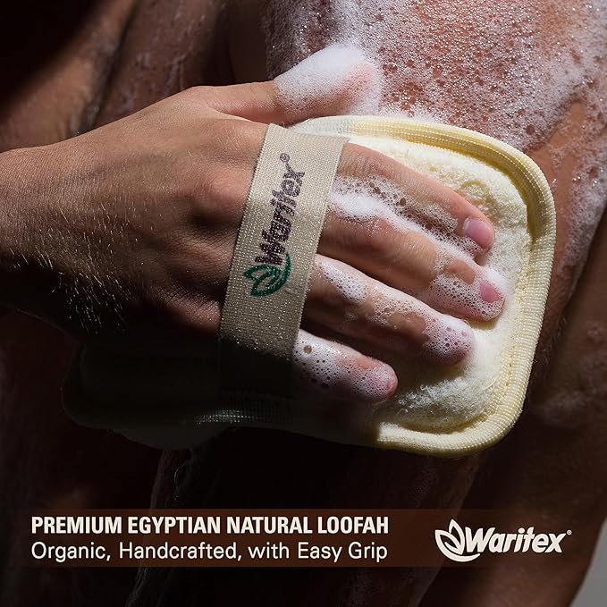 Waritex Egyptian Loofah Rectangular Body Scrubbers with Hand Strap, Exfoliating Bath Pads Made from Natural Egyptian Loofah Fibers, Gentle Deep Cleansing for Men and Women in Shower 2 Count (1 Pack)