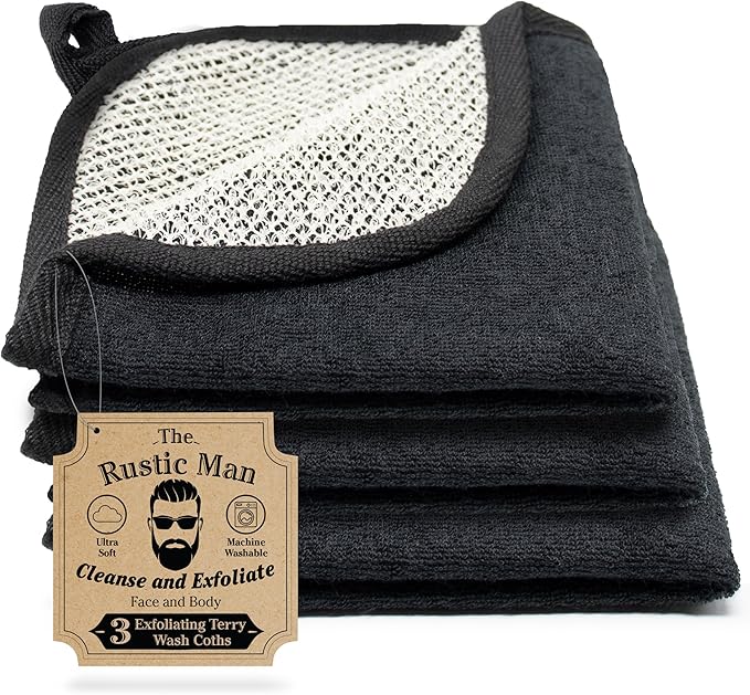 Terry Wash Cloths for Face and Body, Dual-Sided Cleansing and Exfoliating Washcloths, Machine Wash, Black, 3 Count