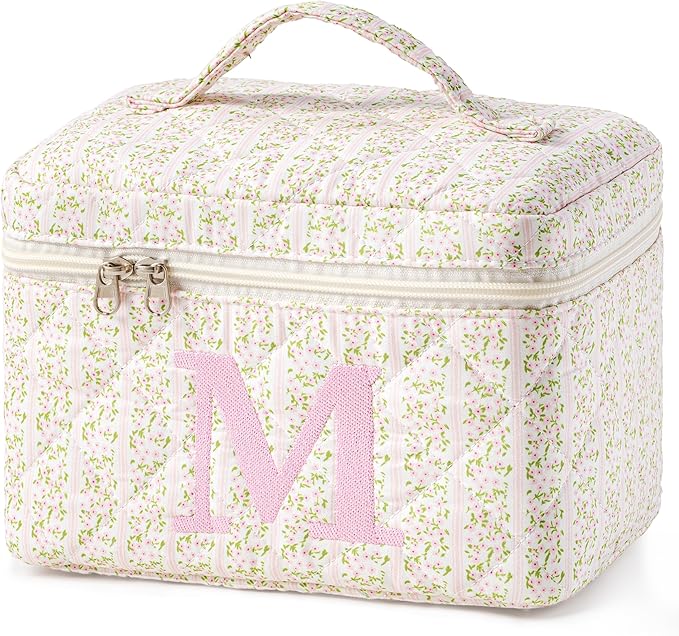 HBselect Initial Quilted Makeup Bag, Pink Cosmetic Travel Toiletry Bag, Flowers Coquette Zipper Make Up Pouch Organizer Teen Girl Gift Trendy Stuff M