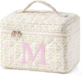 HBselect Initial Quilted Makeup Bag, Pink Cosmetic Travel Toiletry Bag, Flowers Coquette Zipper Make Up Pouch Organizer Teen Girl Gift Trendy Stuff M