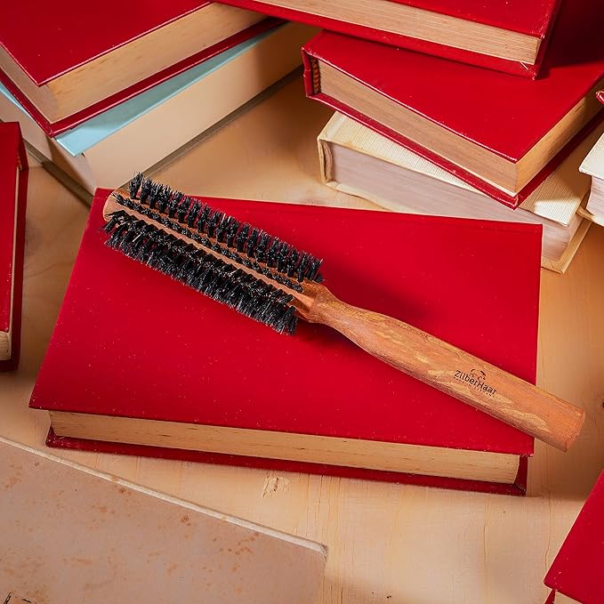 ZilberHaar - Styler Hair and Beard Round Brush - 1.3 Inch Stiff Boar Bristles and 8.5 Inch Pearwood Handle - 222 Plugs of Bristles - Beard Grooming Brush for Men