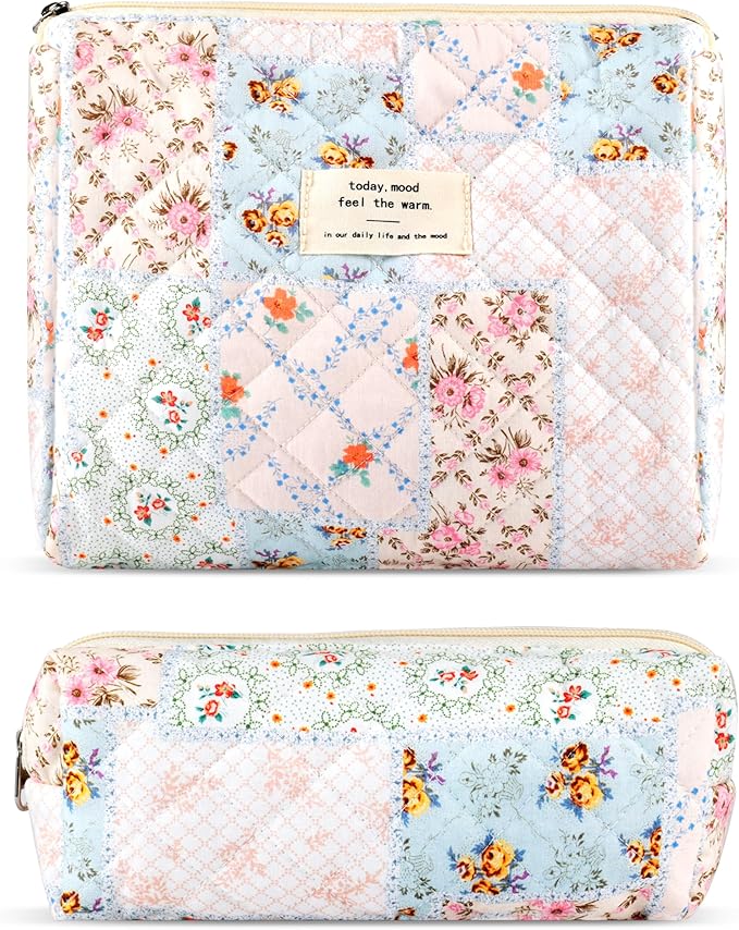 2Pcs Quilted Cotton Makeup Bag Large Travel Makeup Pouch Small Brush Holder Set for Women Cute Floral Coquette Makeup Bag Aesthetic Cosmetic Bag Flower Bee Toiletry Organizer Storage Bag Zipper Pouch