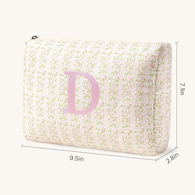HBselect Initial Quilted Makeup Bag, Pink Cosmetic Travel Toiletry Bag, Flowers Coquette Zipper Make Up Pouch Organizer Teen Girl Gift Trendy Stuff D