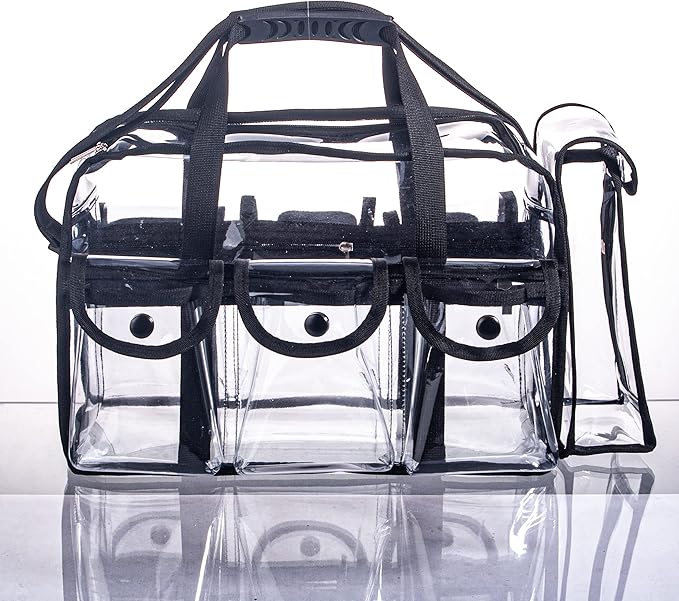 Wide Open Large Professional Clear PVC Travel Makeup Artist Set Bag Cosmetic Nails Beauty Bags Transparent Vinyl Tool Organizer Beach Bags Diaper Bag with 6 External Pockets & Strap (Black)