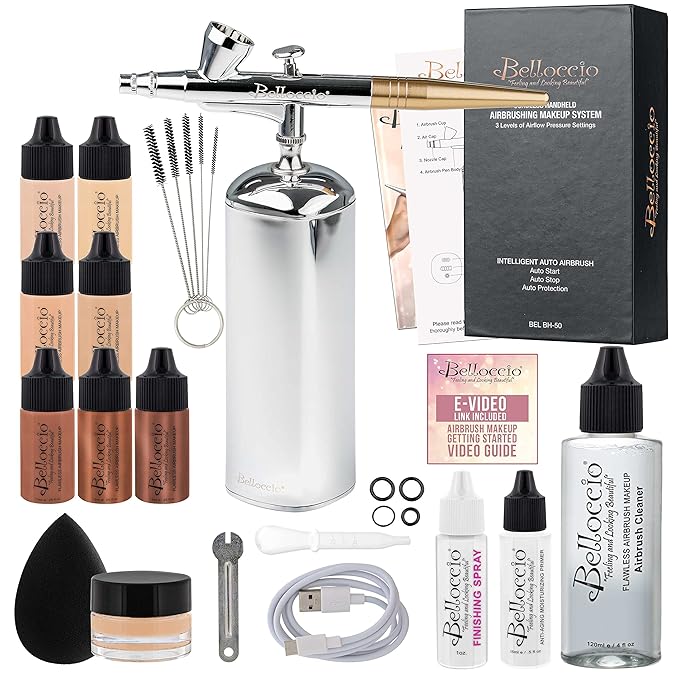Belloccio Complete Cordless Handheld Airbrush Cosmetic Makeup System with 4 Fair Foundation Shades, Professional 18-Piece Kit, Moisturizing Primer, Blush, Bronzer, Highlighter, Concealer, User Guide