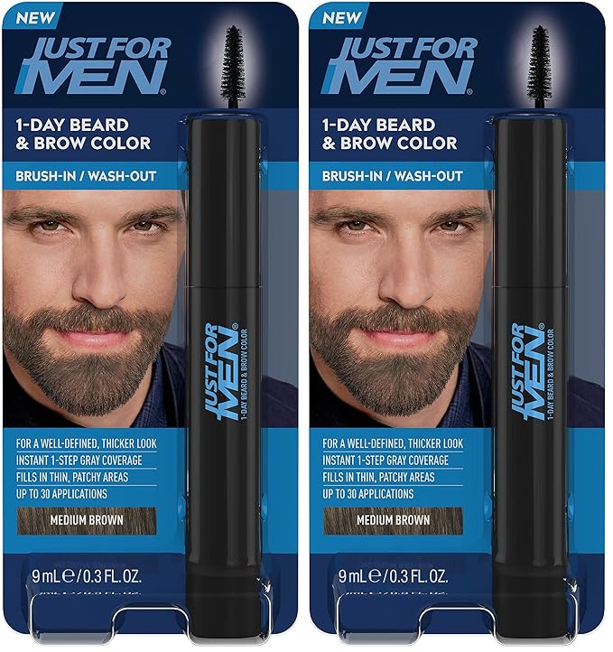 Just for Men 1-Day Beard & Brow Color, Temporary Color for Beard and Eyebrows, For a Fuller, Well-Defined Look, Up to 30 Applications, Medium Brown (Pack of 2)