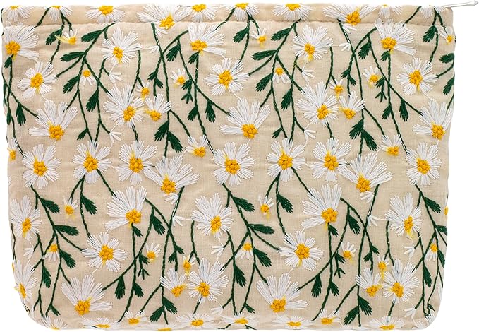 Makeup Bags for Purse Zipper Cosmetic Pouch Large Travel Canvas Make Up Organizer Tool Pouch for Women and Girls,Daisy White