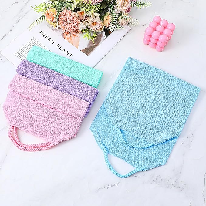 4PCS Exfoliating Back Scrubber with Handles, Nylon Double-Sided Exfoliator Extended Length Stretchable Body Exfoliating Washcloth Pull Strap Back Washer for Women Men