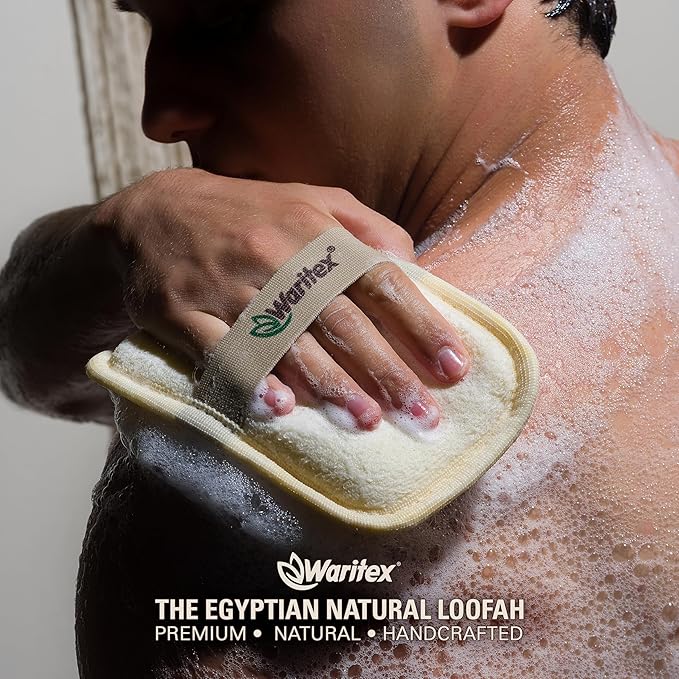 Waritex Egyptian Loofah Rectangular Body Scrubbers with Hand Strap, Exfoliating Bath Pads Made from Natural Egyptian Loofah Fibers, Gentle Deep Cleansing for Men and Women in Shower 2 Count (1 Pack)