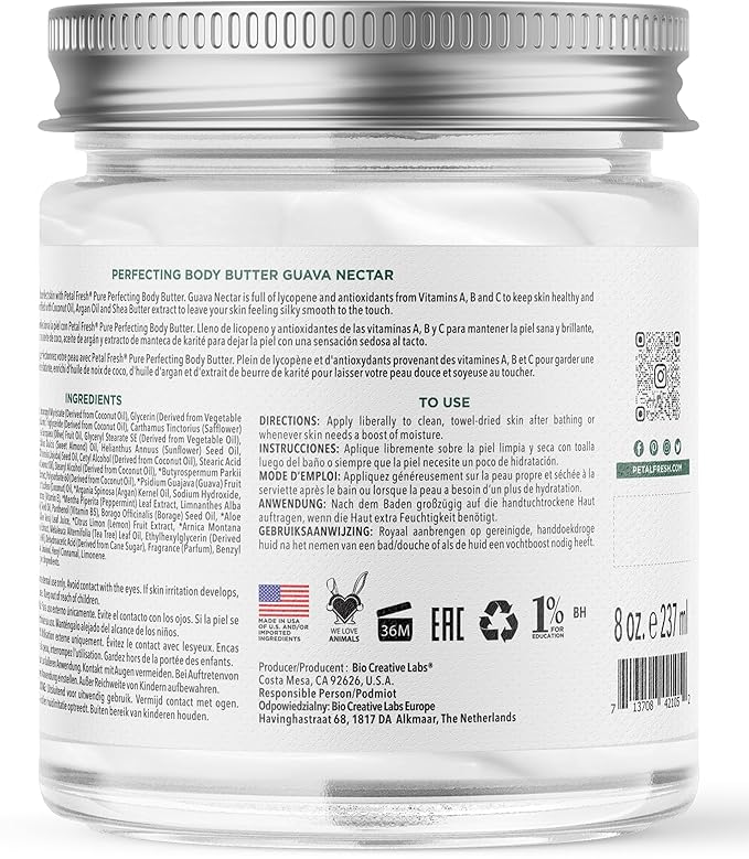 Petal Fresh Pure Perfecting Guava Nectar Body Butter, Organic Coconut Oil, Argan Oil, Shea Butter, Promotes Healthy Skin, Vegan and Cruelty Free, 8 oz (Guava Nectar)