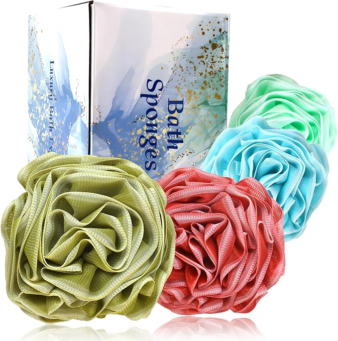 Loofah Sponge 70g, 6.3 Inch Large Exfoliating Bath Sponge, Soft Durable PE Mesh with Reinforced Knotting, Rich Lather Bath Scrubber for Body, for Travel or as a Holiday Gift (4Pack, Green, Red, Blue)