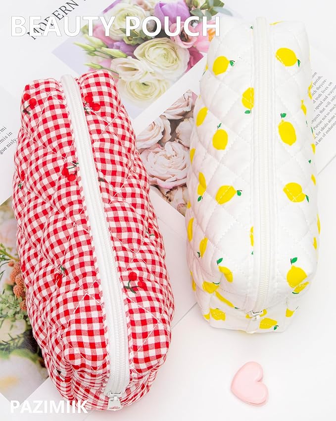 PAZIMIIK Vintage Quilted Makeup Bag Cosmetic Pouch for Brushes Pencils and Travel Make Up Accessories for Women and Girls Plaid Cherry