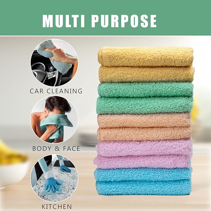 Terry Washcloths – 12x12 Inches – Pack of 10 – Multicolor – Highly Absorbent, Soft Feel and Multipurpose Cotton Wash Cloths for Everyday Use