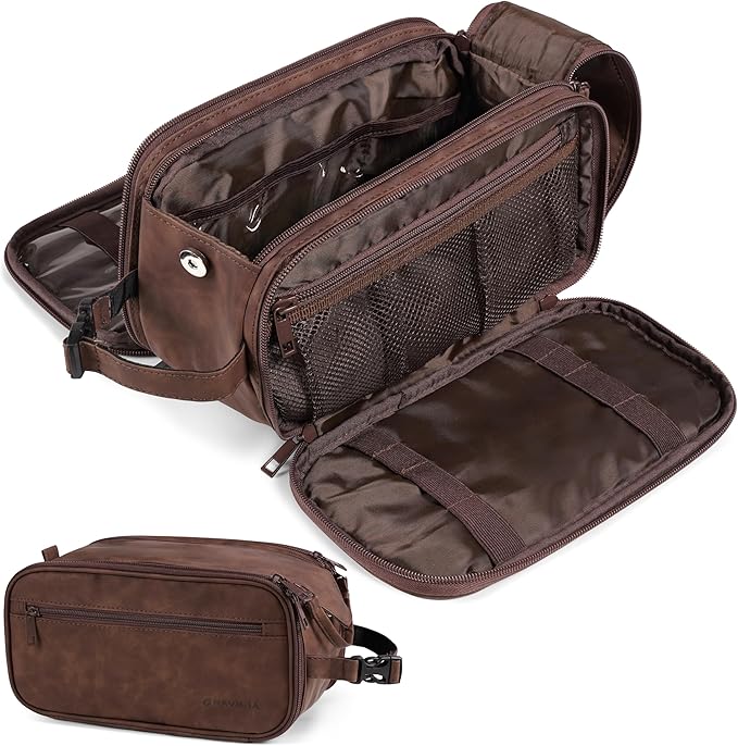 PAVILIA Large Toiletry Bag for Men Women, Mens Travel Bag Toiletries Organizer Case for Grooming, Travel Essentials Shaving Dopp Kit, PU Leather Water Resistant Cosmetic Pouch, Dark Brown