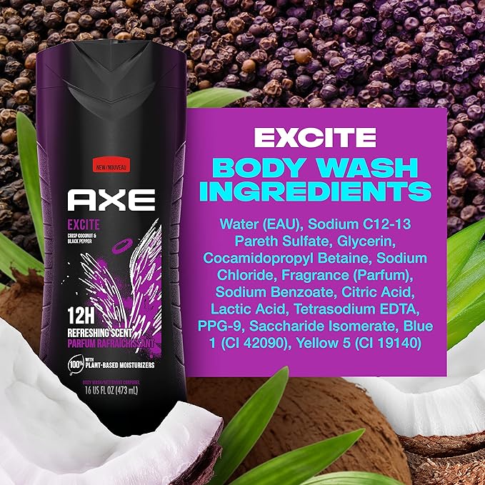 AXE Body Wash 12h Refreshing Scent Excite Crisp Coconut & Black Pepper Men's Body Wash with 100% Plant-Based Moisturizers 16 oz,(Pack of 8)