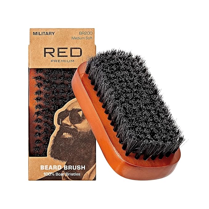 Red by Kiss Beard Brush with 100% Natural Boar Bristles for Men, Premium Wooden Brush, Beards Mustaches Grooming Shaving Comb, Tame and Soften Facial Hair (Military)