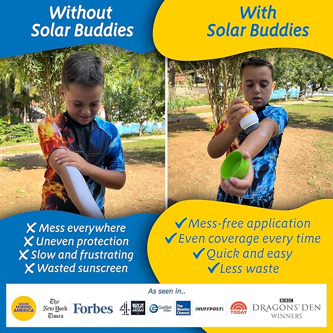 Solar Buddies Sunscreen Applicator - Blue Pack of 2 - BPA-Free Refillable Roll on Sponge Sunscreen, Suncream & Lotion Applicator For Kids, Adults & Families - Holds 3.4fl oz, Perfect Size for Travel