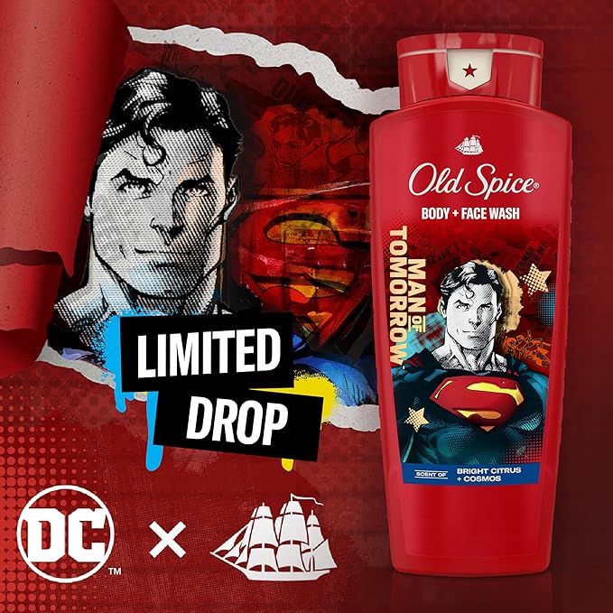 Old Spice Body Wash for Men, Superman: Man of Tomorrow, 3X Defense, 24/7 Shower Fresh with Lasting Scent, Cleansing 2-in-1 Body & Face Wash, Smell Like a Hero, Bright Citrus and Cosmos Scent, 24 oz