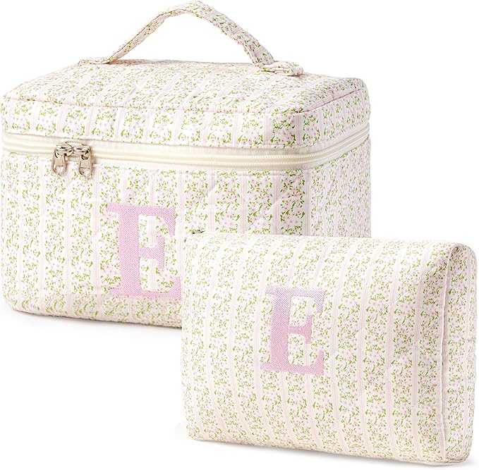 HBselect 2Pcs Initial Quilted Makeup Bag, Pink Cosmetic Travel Toiletry Bag, Flowers Coquette Zipper Make Up Pouch Organizer Teen Girl Gift Trendy Stuff E