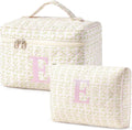 HBselect 2Pcs Initial Quilted Makeup Bag, Pink Cosmetic Travel Toiletry Bag, Flowers Coquette Zipper Make Up Pouch Organizer Teen Girl Gift Trendy Stuff E