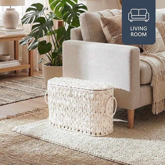 Toilet Paper Basket,Wicker Toilet Paper Storage with Lid,Decorative Boho Wicker Basket for Bathroom,Free Standing-Cream White