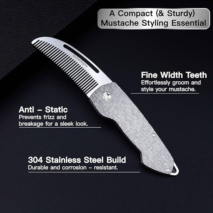 Small Folding Mustache Comb, Metal Beard Comb for men Pocket Mini Portable Fits In Keychain Anti-Static (Wood Grain)