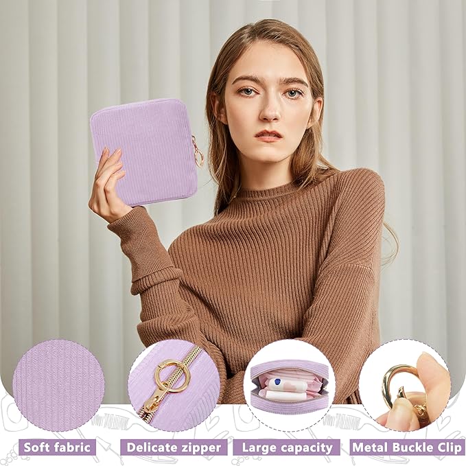 Period Bag for Girls, Corduroy Sanitary Napkin Storage Bag, Period Pouch & Tampon Holder, Feminine Care Organizer（Purple）