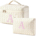 HBselect 2Pcs Initial Quilted Makeup Bag, Pink Cosmetic Travel Toiletry Bag, Flowers Coquette Zipper Make Up Pouch Organizer Teen Girl Gift Trendy Stuff A
