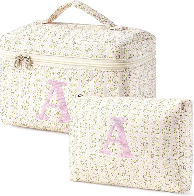 HBselect 2Pcs Initial Quilted Makeup Bag, Pink Cosmetic Travel Toiletry Bag, Flowers Coquette Zipper Make Up Pouch Organizer Teen Girl Gift Trendy Stuff A