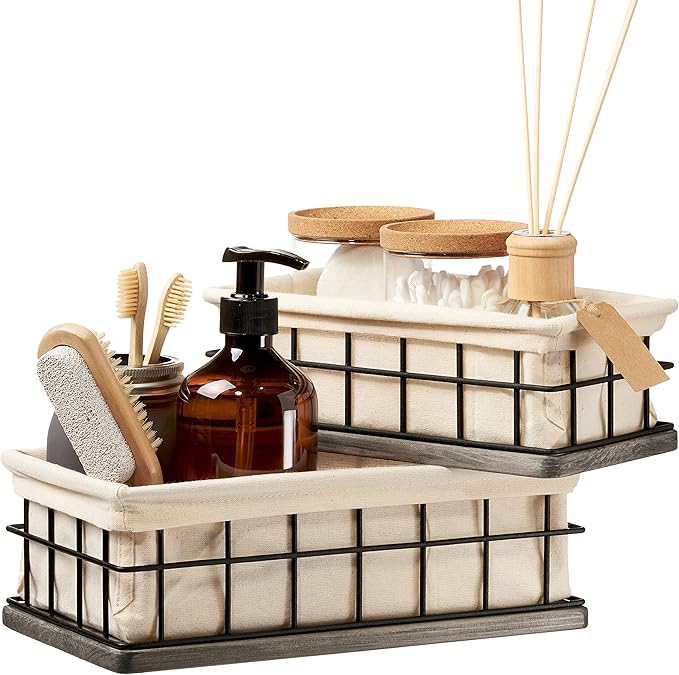 BAOBAB WORKSHOP Set of 2 Metal & Wooden Basket with Liners, Bathroom Basket Organizer & Kitchen Storage Decor, Toilet Paper Baskets for Back of Toilet Tank Tray Topper