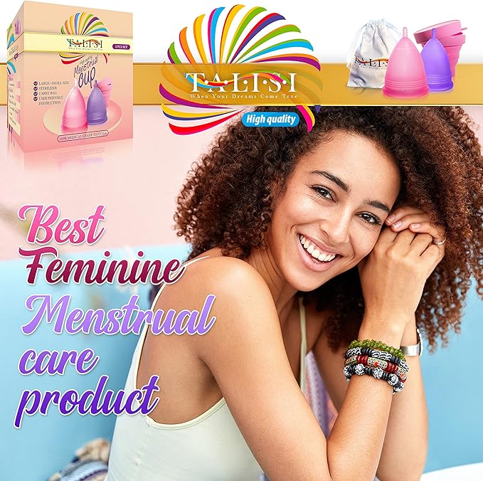Talisi Menstrual Cups Set of 2 (Small & Large) Super Soft Reusable Period Kit with Collapsible Silicone Sterilizer Case, Storage Bag Menstruation Feminine Copa for Teens, Beginners, Heavy Flow