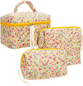 PAZIMIIK 3PCS Makeup Bag SET Large Travel Quilted Zipper Soft Cosmetic Case Pouch for Women Girls Make Up,Little Flower