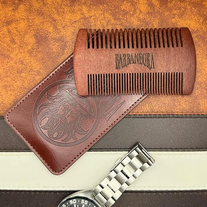 Barbanegra Legendary's Beard and Mustache Wood Comb with elegant Case, Anti-Static, Pocket Size for all types of Beards., Brown