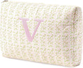HBselect Initial Quilted Makeup Bag, Pink Cosmetic Travel Toiletry Bag, Flowers Coquette Zipper Make Up Pouch Organizer Teen Girl Gift Trendy Stuff V