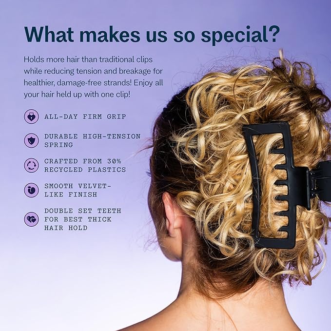 Gimme Beauty XL Rectangle Claw Clip Duo - Hair Clips with Velvet-Like Finish for All Hair Types - Non-Slip, Firm-Hold Daily Wear Accessory - Women’s Claw Clip Set - Black