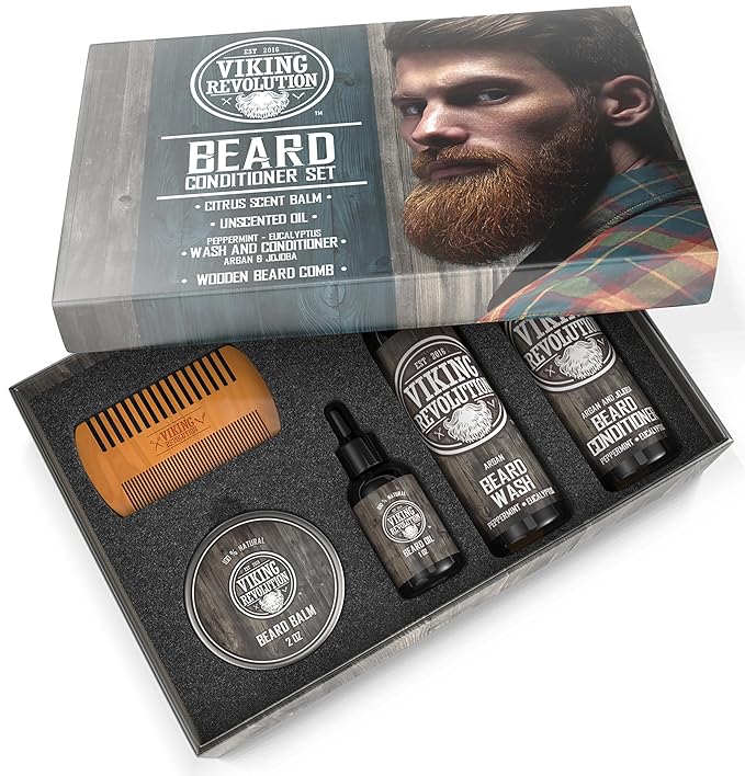 Viking Revolution Ultimate Conditioner for Men's Beard Grooming - Softens, Smoothes and Soothes Beard Itch- Contains Wash, Conditioner, Beard Oil, Balm and Comb- Classic Set