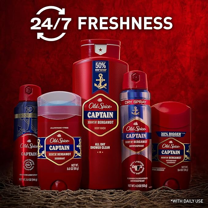 Old Spice Refreshing Body Wash for Men, 3X Defense, 24/7 Shower Fresh with Long Lasting Scent, Red Collection, Captain with Bergamot Scent, 33.4 oz
