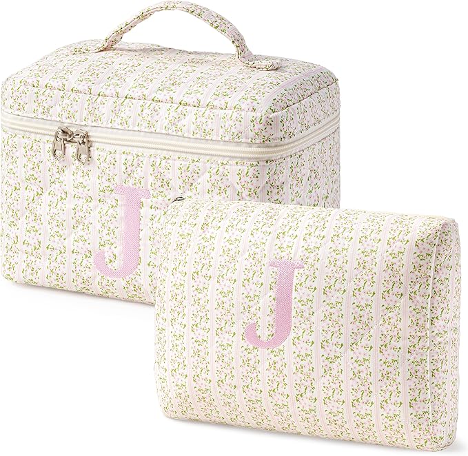 HBselect 2Pcs Initial Quilted Makeup Bag, Pink Cosmetic Travel Toiletry Bag, Flowers Coquette Zipper Make Up Pouch Organizer Teen Girl Gift Trendy Stuff J