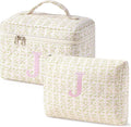 HBselect 2Pcs Initial Quilted Makeup Bag, Pink Cosmetic Travel Toiletry Bag, Flowers Coquette Zipper Make Up Pouch Organizer Teen Girl Gift Trendy Stuff J