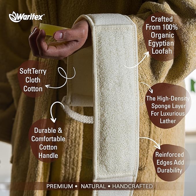 Waritex Natural Egyptian Loofah Back Scrubber for Shower, Extra-Long Exfoliating Strap Made with Natural Egyptian Loofah Fibers, Deep Cleaning Body Sponge for Men and Women – Soft Cotton Handles