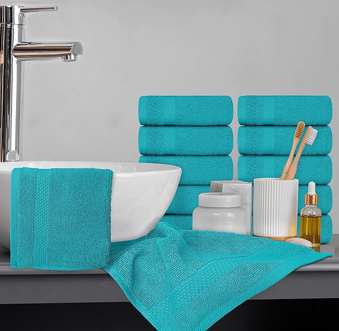 White Classic Luxury Cotton Washcloths 13x13 Inch - 650 GSM Turkish Cotton | Hotel, Spa, Bathroom Face Towel | 12 Pack, Aqua Blue