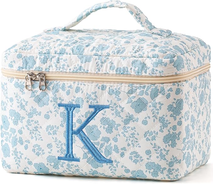 HBselect Initial Quilted Makeup Bag, Cotton Large Travel Make up Bag, Cute Floral Coquette Make up Bag Cosmetic Bag Toiletry Bag for Women Girls K