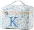 HBselect Initial Quilted Makeup Bag, Cotton Large Travel Make up Bag, Cute Floral Coquette Make up Bag Cosmetic Bag Toiletry Bag for Women Girls K